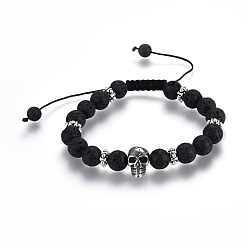 Lava Rock Adjustable Natural Lava Rock Braided Bead Bracelets, with Stainless Steel Beads and Tibetan Style Spacer Beads, Skull, 2 inch~3 inch(5.2~7.8cm), skull: 14x9x9mm