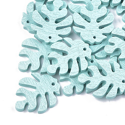 Pale Turquoise Painted Poplar Wood Pendants, Tropical Leaf Charms, Monstera Leaf, Pale Turquoise, 30x24x2.5~3mm, Hole: 1.5~2mm