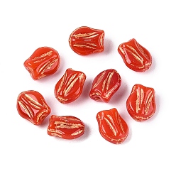 Оранжево-Красный Стеклянные бусины, тюльпан, золотой металл обвитыми, оранжево-красный, 8.5~9x7~7.5x5 мм, отверстие : 0.9~1 мм