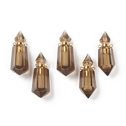 Smoky Quartz Faceted Natural Smoky Quartz Pendants, Openable Perfume Bottle, with Golden Tone Brass Findings, 39~42x14~16x13~14mm, Hole: 2mm, capacity: 1ml(0.03 fl. oz)