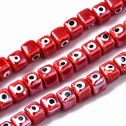 Red Handmade Porcelain Ceramic Beads Strands, Bright Glazed Porcelain, Cube with Evil Eye, Red, 9.5x8.5x8.5mm, Hole: 1.5mm, about 40pcs/strand, 12.99 inch(33cm)