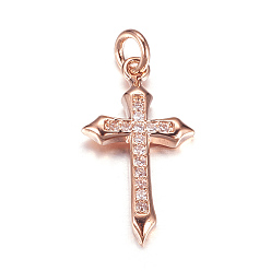 Розовое Золото Латунные микро проложить кубического циркония подвески, крестик, розовое золото , 21x13x2 мм, отверстие : 3 мм