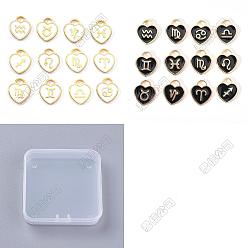 Color mezclado 48pccs 24 estilos dijes de esmalte de aleación de oro claro, doce constelaciones, corazón, color mezclado, 14x12x1.8 mm, agujero: 4 mm, 2 piezas / estilo