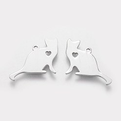 Stainless Steel Color 304 Stainless Steel Kitten Pendants, Cat Silhouette Shape with Heart, Stainless Steel Color, 17x22x1.1mm, Hole: 1.5mm
