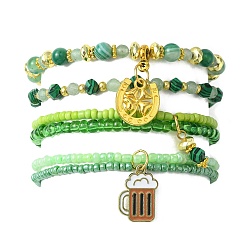 Green 4Pcs 4 Style Natural & Synthetic Mixed Gemstone & Glass Beaded Stretch Bracelets Set, Alloy Enamel Clover & Cup Charms Stackable Bracelets for Women, Green, Inner Diameter: 2-1/8 inch(5.4cm), 1Pc/style