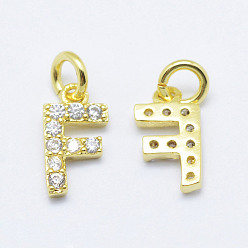 Real 18K Gold Plated Brass Micro Pave Grade AAA Cubic Zirconia Charms, Letter F, Cadmium Free & Nickel Free & Lead Free, Real 18K Gold Plated, 9x5x1.5mm, Hole: 2mm