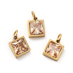 PeachPuff Vacuum Plating 304 Stainless Steel Pendants, with Cubic Zirconia and Jump Rings, Single Stone Charms, Square, Golden, PeachPuff, 9.5x8x3.5mm, Hole: 3.4mm