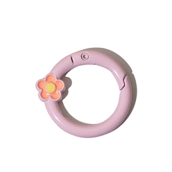 Flamingo Spray Painted Alloy Spring Gate Ring, Ring with Flower, Flamingo, 27x4mm, Hole: 1.3mm
