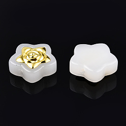 Creamy White Imitation Jade Spray Painted Glass Beads, with Golden Plated Brass Findings, Star with Flower, Creamy White, 14x14.5x5.5mm, Hole: 1mm