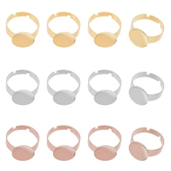 Mixed Color 12Pcs 3 Colors Adjustable 304 Stainless Steel Finger Rings Components, Pad Ring Base Findings, Flat Round, Mixed Color, Size 7, 17mm, Tray: 12mm, 4pcs/color