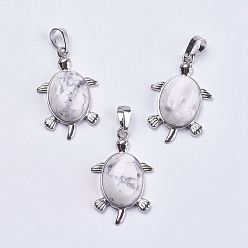 Howlite Natural Howlite Pendants, with Brass Findings, Tortoise, Platinum, 34x21x7mm, Hole: 5x7mm