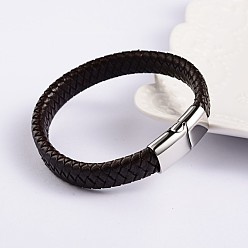 Кокосово-Коричневый Модный кожаные браслеты плетеного шнура, с 304 из нержавеющей стали магнитные застежки, кокосового коричневый, 220x12x6 мм