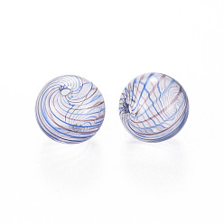 Royal Blue Transparent Handmade Blown Glass Globe Beads, Stripe Pattern, Round, Royal Blue, 13~14.5mm, Hole: 1~2mm