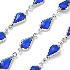 Синий Латунные стеклянные каплевидные звенья цепи, с катушкой, долговечный, пайки, без свинца и без кадмия, стойки покрытие, платина, синие, 16.5x7x2.5 мм