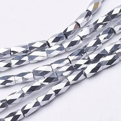 Platinum Plated Electroplate Transparent Glass Beads Strands, Full Plated, Faceted, Column, Platinum Plated, 5x3mm, Hole: 0.5mm, about 100pcs/strand, 19.4 inch