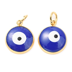Синий Латунь эмаль подвески, реальный 18 k позолоченный, долговечный, с целью перехода в кольце, плоские круглые с сглаза, синие, 16.5x14x3.5 мм, отверстие : 4 мм, Перейти кольцо: 6x1 мм