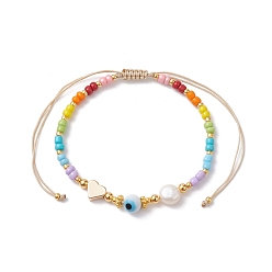 Heart Colorful Glass Seed & Brass Braided Bead Bracelet, Heart, Inner Diameter: 1-7/8~3-1/4 inch(4.8~8.4cm)