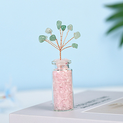 Rose Quartz Natural Rose Quartz & Green Aventurine Wishing Bottle Display Decoration, with Brass Wire, for Home Desk Decorations, Tree of Life, 22x50mm