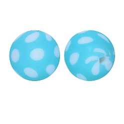 Light Sky Blue Round with Wave Point Print Pattern Food Grade Silicone Beads, Silicone Teething Beads, Light Sky Blue, 15mm