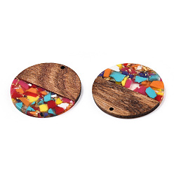 Colorful Transparent Resin & Walnut Wood Pendants, with Gold Foil, Flat Round Charms, Colorful, 38.5x3mm, Hole: 2mm