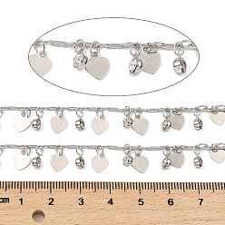 Platinum Rack Plating Brass Heart Link Chains, with Clear Glass Charms, Long-Lasting Plated, Soldered, with Spool, Platinum, Flat Round: 6x4x3mm, Heart: 7.5x6x0.2mm, about 32.81 Feet(10m)/Roll