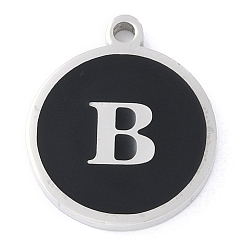 Letter B 201 подвески из нержавеющей стали, с черной эмалью, цвет нержавеющей стали, плоские круглые с буквы, В письме, 18.5x15.5x2 мм, отверстие : 1.6 мм