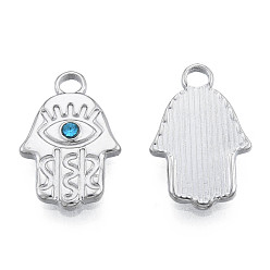 Stainless Steel Color 304 Stainless Steel Pendants, with Aquamarine Rhinestone, Hamsa Hand/Hand of Miriam, Stainless Steel Color, 17.5x11x2mm, Hole: 2mm