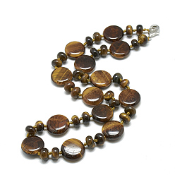 Tiger Eye Natural Tiger Eye Beaded Necklaces, with Alloy Lobster Clasps, Flat Round, 18.1 inch~18.5  inch(46~47cm), Flat Round: 16x6mm