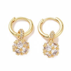 Clear Cubic Zirconia Round Ball Dangle Hoop Earrings, Golden Brass Jewelry for Women, Clear, 25.5mm, Pin: 0.8mm