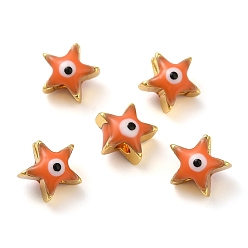 Dark Orange Golden Tone Brass Enamel Beads, Cadmium Free & Lead Free, Long-Lasting Plated, Star with Evil Eye, Dark Orange, 8x8x5mm, Hole: 1.4mm