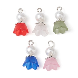 Mixed Color Transparent Acrylic Pendants, with Baking Painted Pearlized Glass Imitation Pearl Round Beads, Frosted, Flower, Mixed Color, 16.5x10.5x10.5mm, Hole: 1.5mm