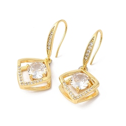 Real 18K Gold Plated Clear Cubic Zirconia Rhombus Dangle Earrings, Brass Jewelry for Women, Real 18K Gold Plated, 32x14.5mm