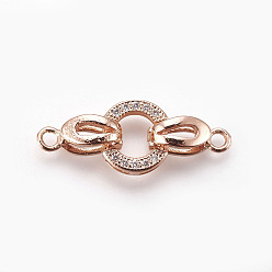 Real Rose Gold Plated Brass Micro Pave Cubic Zirconia Fold Over Clasps, Oval, Clear, Real Rose Gold Plated, 25.5mm, Hole: 1.2mm