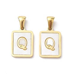 Letter Q Ion Plating(IP) 304 Stainless Steel Pave Shell Pendants, Rectangle Charm, Real 18K Gold Plated, Letter Q, 17.5x12x1.5mm, Hole: 3x5mm