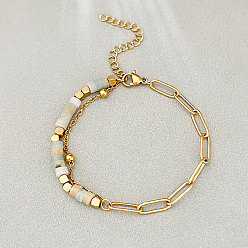 Flower Amazonite Богемные браслеты из натуральных цветочных бусин амазонита в стиле хейши с цепочками из нержавеющей стали в виде скрепок., реальный 304 k позолоченный, 18 дюйм (6.30 см)