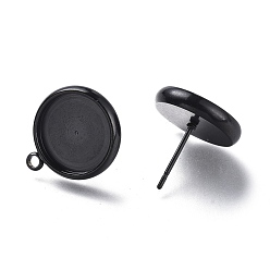 Electrophoresis Black 304 Stainless Steel Stud Earring Settings, with Loop, Flat Round, Electrophoresis Black, Flat Round: 17x14.5mm, Hole: 1.6mm, Pin: 0.8mm, Tray: 12mm