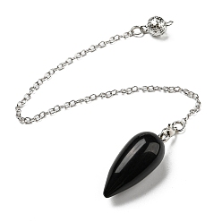 Обсидиан Подвеска-пуля из натурального обсидиана, Покрытие стойки платинового тона, латунные подвески-маятники для лозоходства, 212~220 мм, отверстие : 2 мм