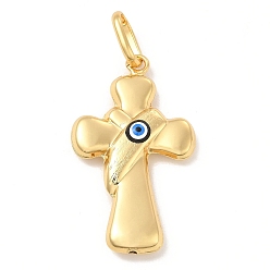Black Brass Pendants, with Enamel, Real 18K Gold Plated, Long-Lasting Plated, Cross with Evil Eye Charm, Black, 40x26x7mm, Hole: 10x7mm