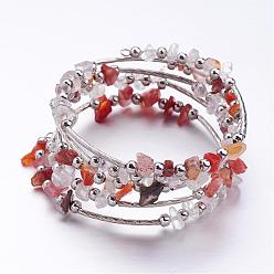 Red Five Loops Wrap Carnelian(Dyed) Beads Bracelets, with Crystal Chips Beads and Iron Spacer Beads, Red, 2 inch(52mm)