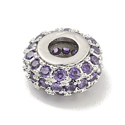 Фиолетовый Стойки обшивки латунь микро проложить кубического циркония бусы, долговечный, без свинца и без кадмия, рондель, платина, фиолетовые, 9.5x5 мм, отверстие : 3 мм