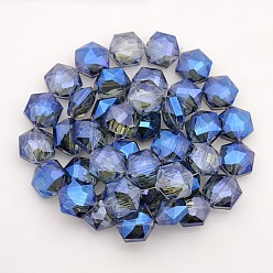 Marine Blue Hexagon Electroplate Full Rainbow Plated Glass Beads Strands, Faceted, Marine Blue, 15x14x8mm, Hole: 1mm, about 50pcs/strand, 23.6 inch