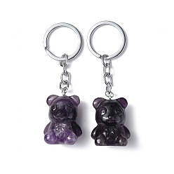 Amethyst Natural Amethyst Pendant Keychains, with Iron Keychain Clasps, Bear, 8cm