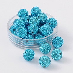Aquamarine Polymer Clay Rhinestone Beads, Pave Disco Ball Beads, Grade A, Round, Half Drilled, Aquamarine, 8mm, Hole: 1mm