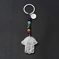 Cristal de Quartz Porte-clés chakra en cristal de quartz naturel, avec des porte-clés fendus en fer et des breloques rondes plates en alliage, Hamsa main, 11.5 cm