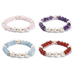 Mixed Stone Natural Mixed Gemstone & Pearl Beaded Stretch Bracelet for Women, Inner Diameter: 2-1/4 inch(5.6cm)