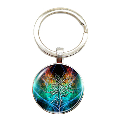 Medium Turquoise Glass Keychains, Flat Round with Tree of Life Charms, Medium Turquoise, 6cm