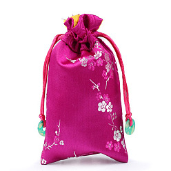 Deep Pink Chinese Style Silk Drawstring Jewelry Gift Bags, Jewelry Storage Pouches for Cell Phone, Rectangle with Plum Bossom Flower Pattern, Deep Pink, 15x9cm