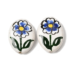 Темно-Голубой Фарфоровые бусины ручной работы, овальные с цветком, пастельный фарфор, глубокое синее небо, 21~22.5x16~16.5x6~6.5 мм, отверстие : 1.5 мм