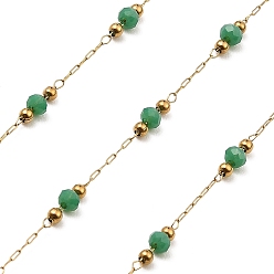 Medium Sea Green Rondelle Glass Beaded Link Chains, with Golden 304 Stainless Steel Paperclip Chains, Soldered, with Spool, Medium Sea Green, 3x2.5mm, 2mm, about 32.81 Feet(10m)/Roll