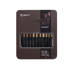 Black Painting Brush Set, Nylon Brush Head with Wooden Handle and Copper Tube, for Watercolor Painting Artist Professional Painting, Black, 17.7~22cm, 12pcs/box